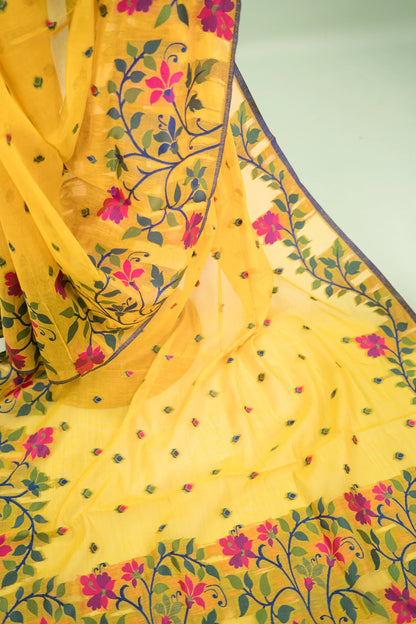 Bright Yellow Cotton Silk Saree with Multicolour Floral Jaal Pallu & Teardrop Butis | Atulya Karigari