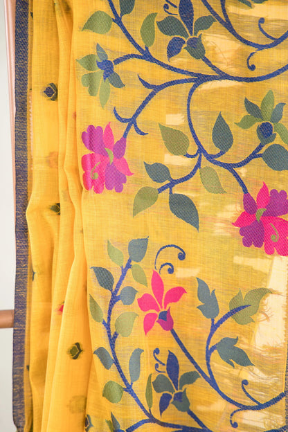 Bright Yellow Cotton Silk Saree with Multicolour Floral Jaal Pallu & Teardrop Butis | Atulya Karigari