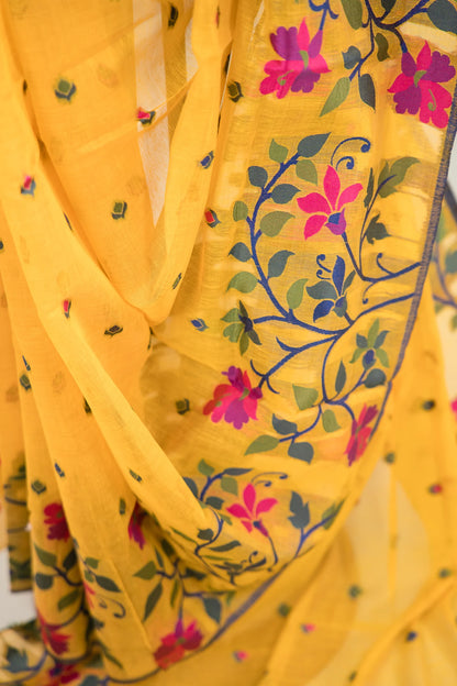 Bright Yellow Cotton Silk Saree with Multicolour Floral Jaal Pallu & Teardrop Butis | Atulya Karigari