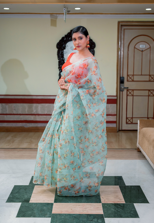 Hand dyed pure sea green organza saree - Atulyakarigari