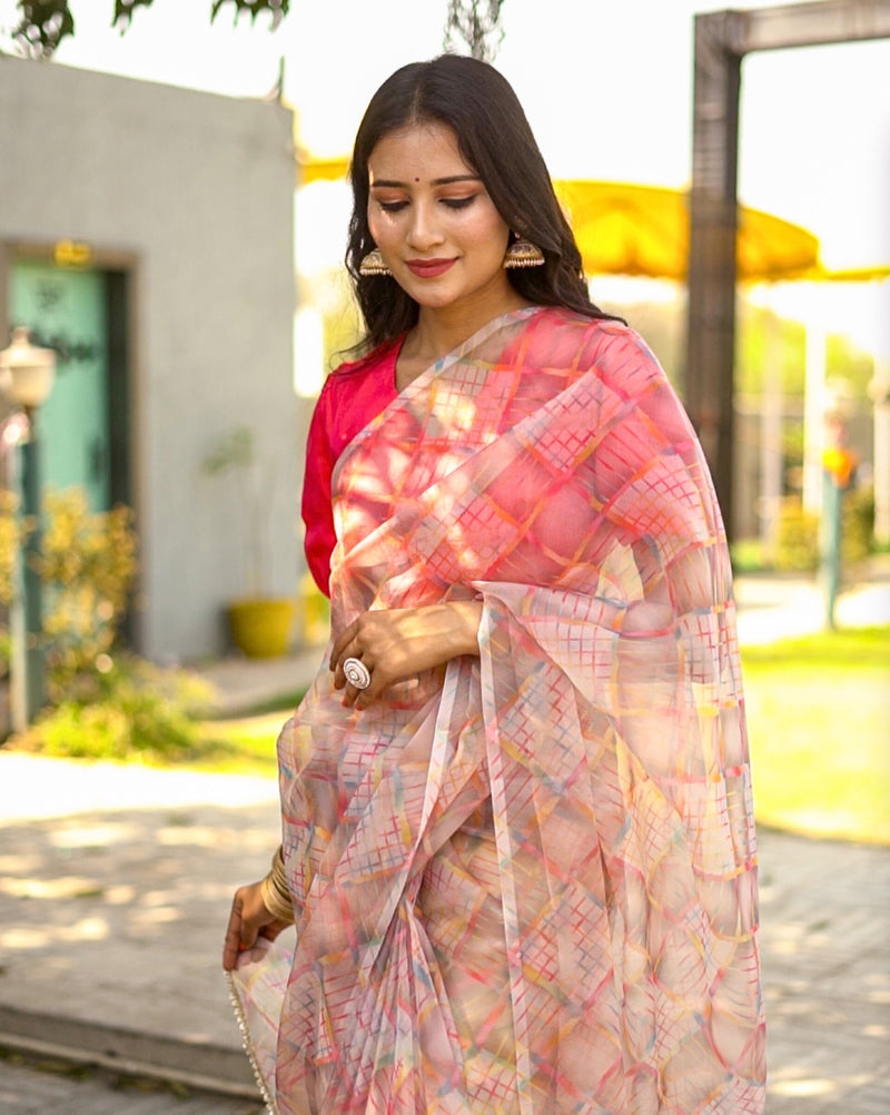Hand-Dyed Peach Organza Saree, Pure Sheer