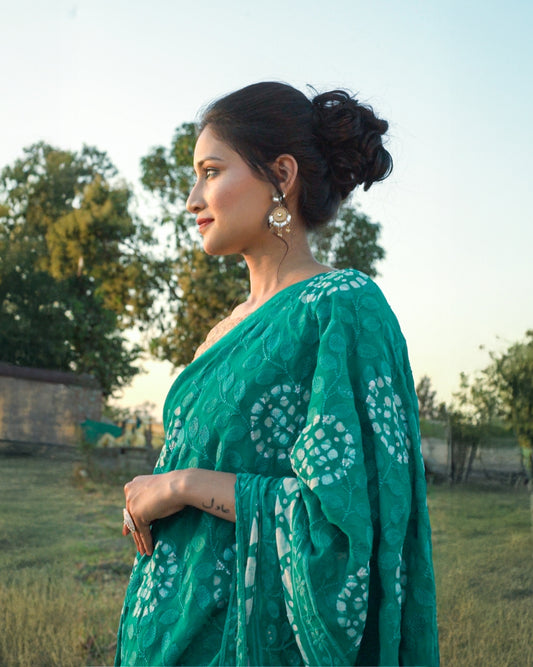 Hand Dyed - Pure Green - Georgette - Chikankari Saree - Atulyakarigari