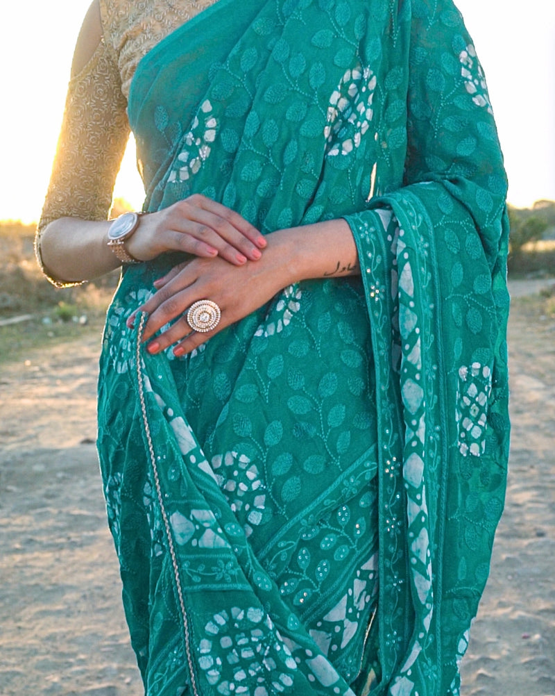 Hand-Dyed Green Georgette Chikankari Saree