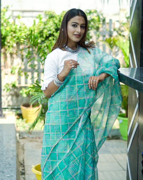Hand-Dyed Blue Organza Saree, Pure Sheer