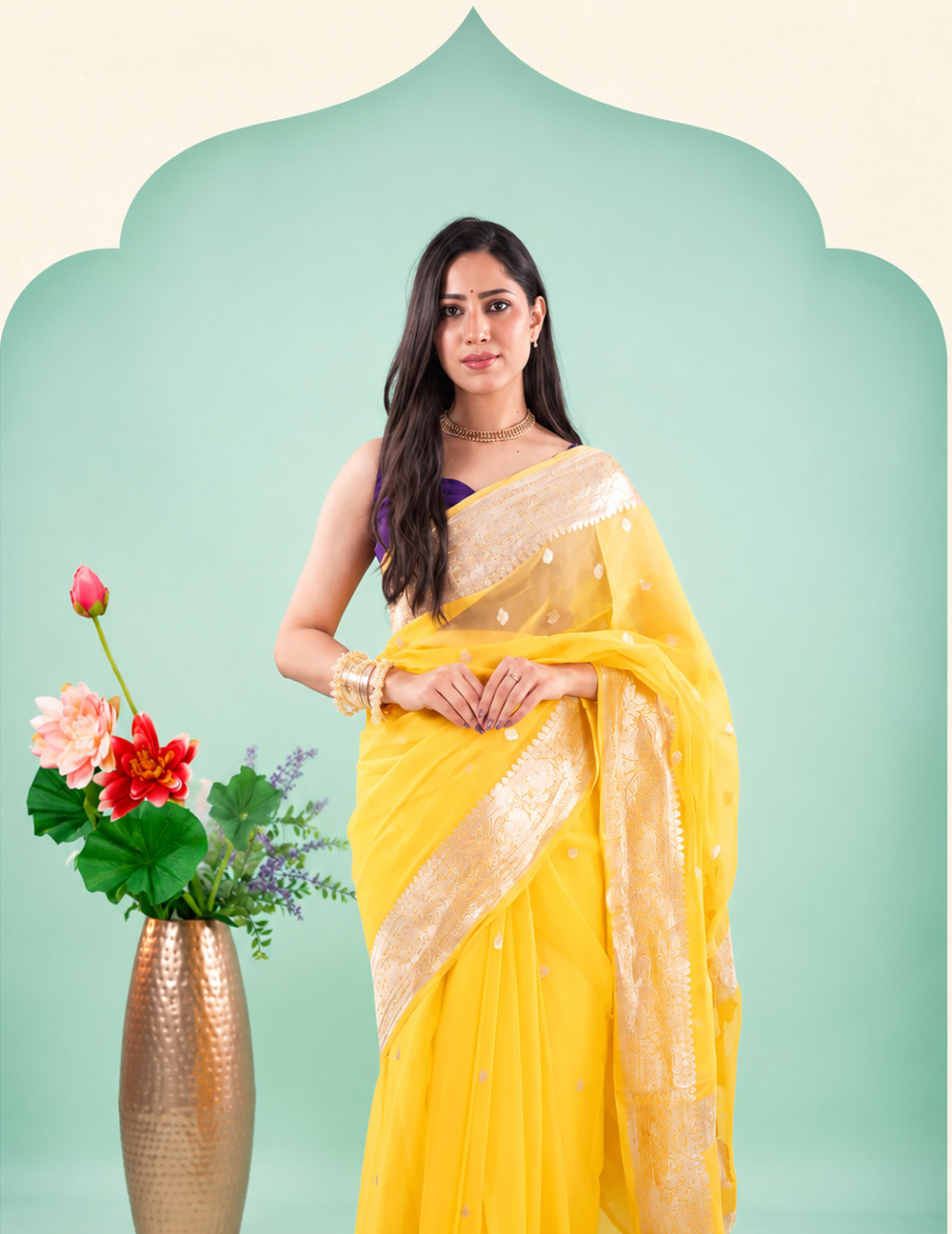 Bright Yellow Silver Zari Chiffon Saree