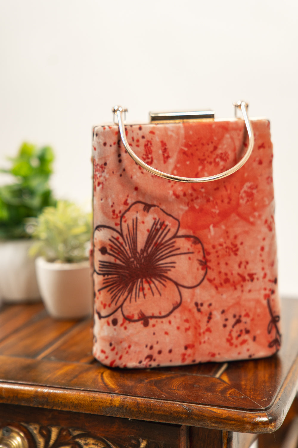 Coral Red Floral Print Structured Box Clutch - view 1