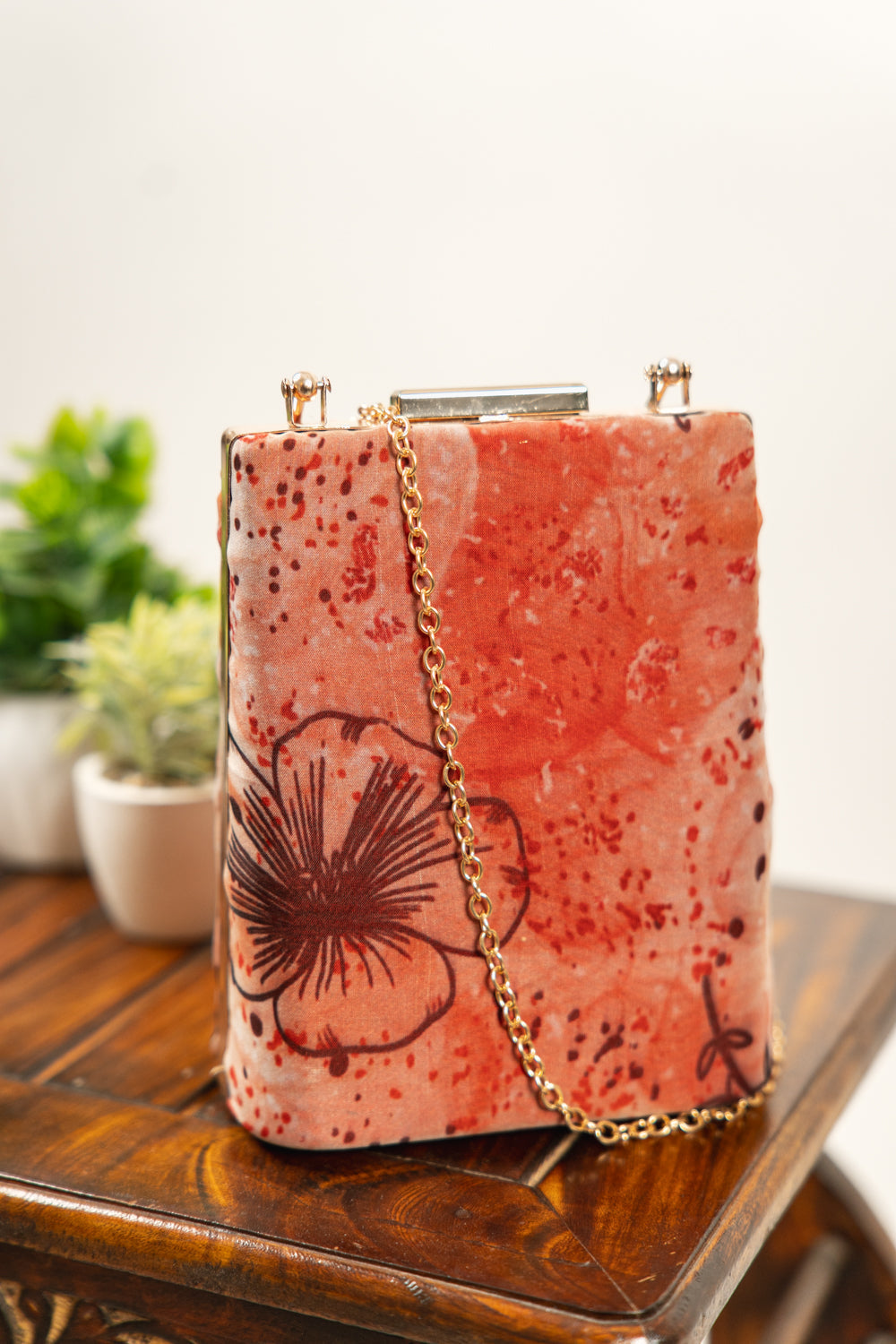 Coral Red Floral Print Structured Box Clutch - view 4