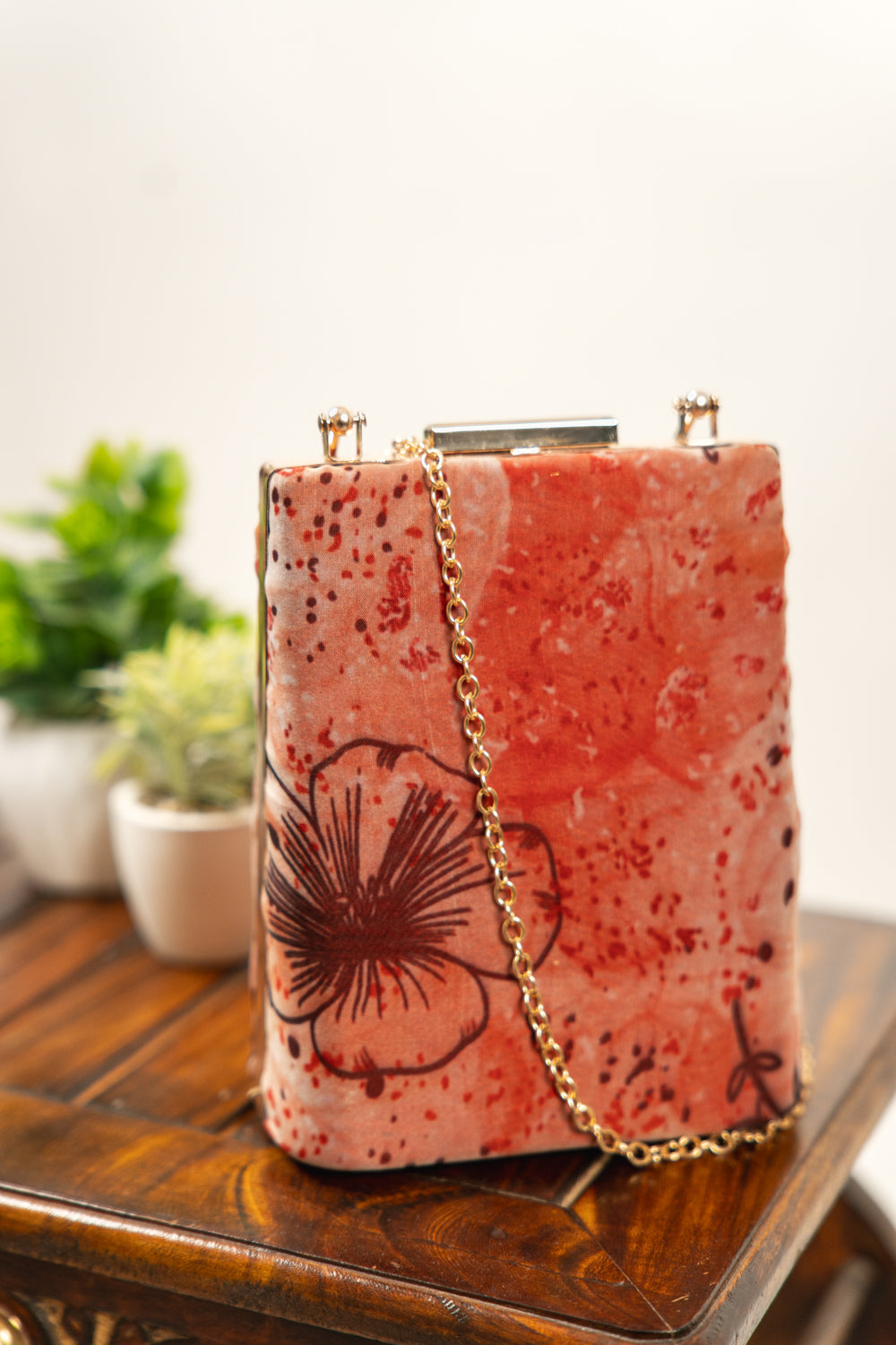 Coral Red Floral Print Structured Box Clutch - view 5
