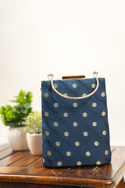 Dark Teal Vine Motif Banarasi Brocade Clutch Bag - view 1