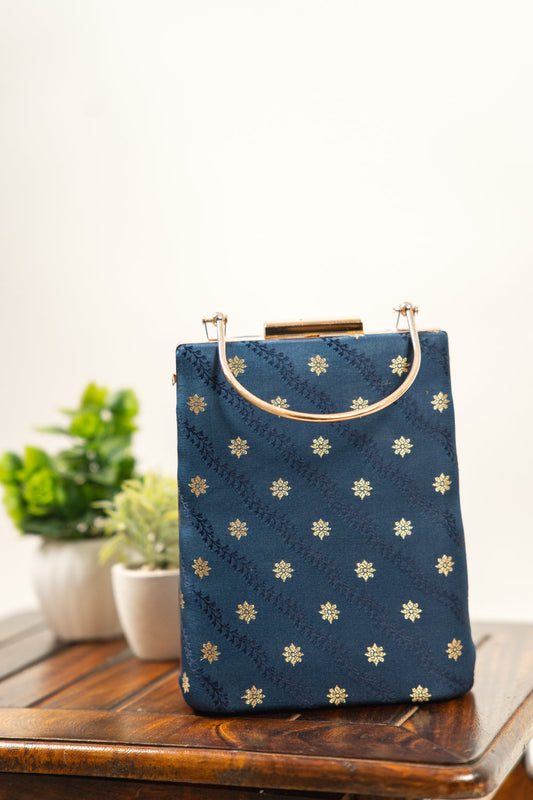 Dark Teal Vine Motif Banarasi Brocade Clutch Bag - view 1