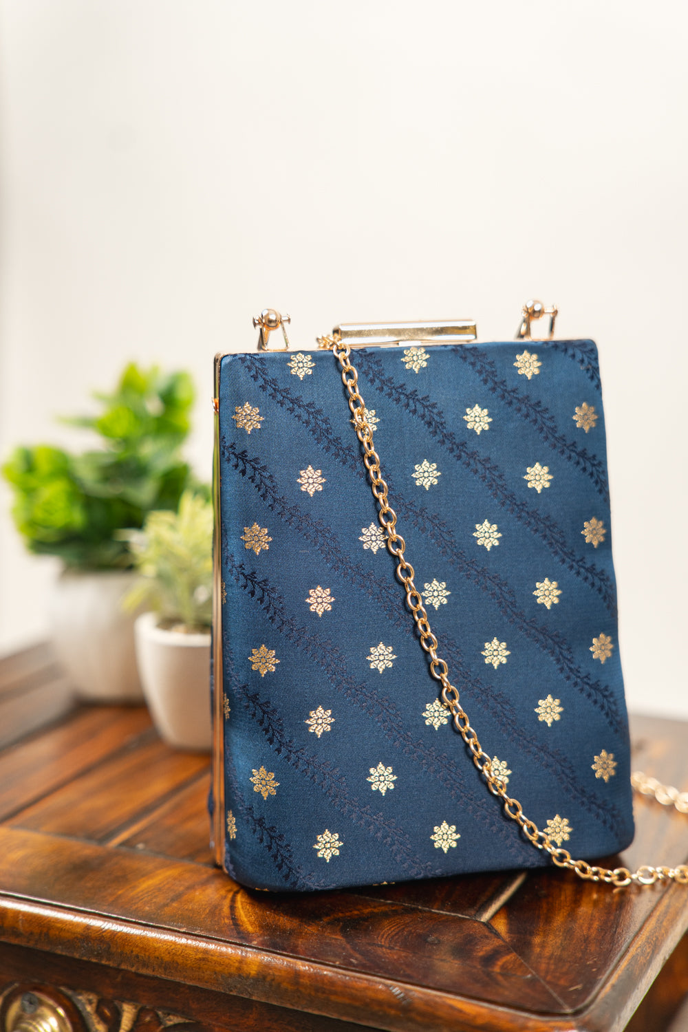Dark Teal Vine Motif Banarasi Brocade Clutch Bag - view 3
