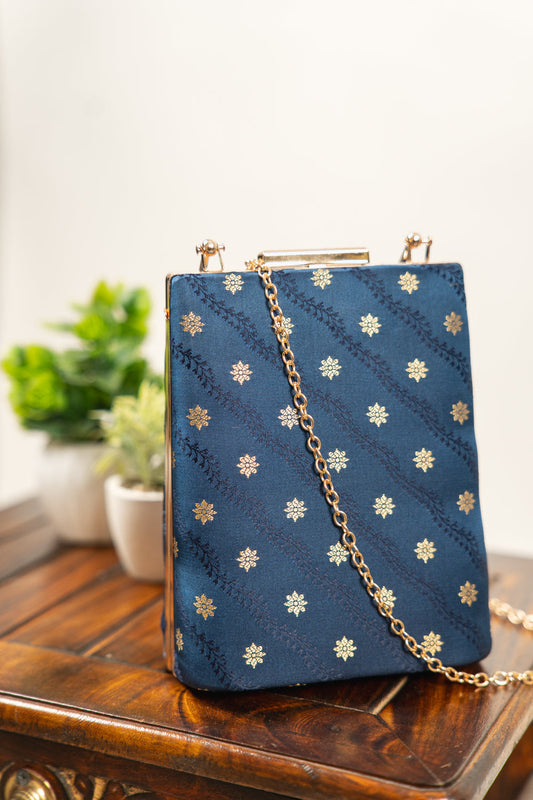 Dark Teal Vine Motif Banarasi Brocade Clutch Bag - view 3