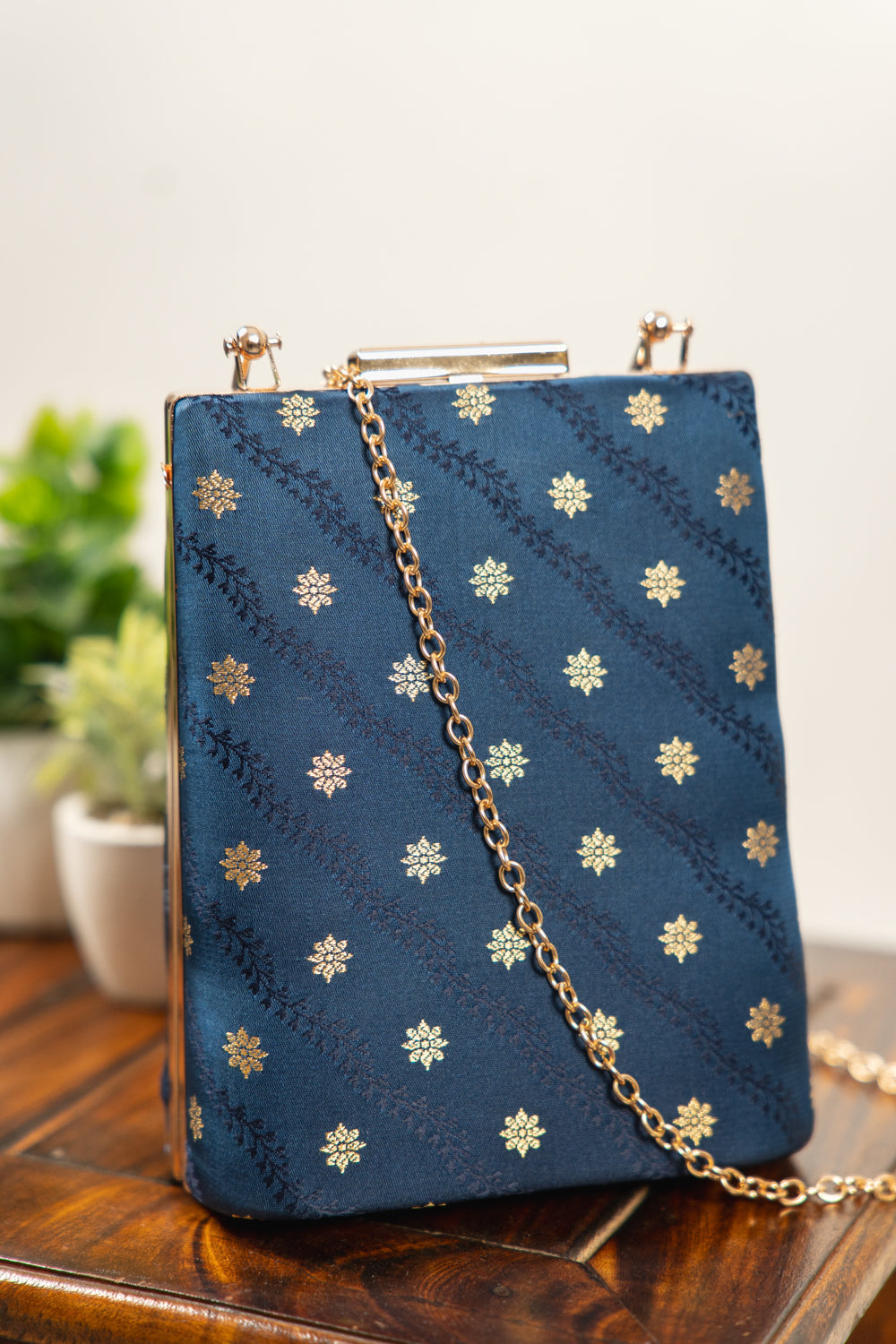 Dark Teal Vine Motif Banarasi Brocade Clutch Bag - view 4
