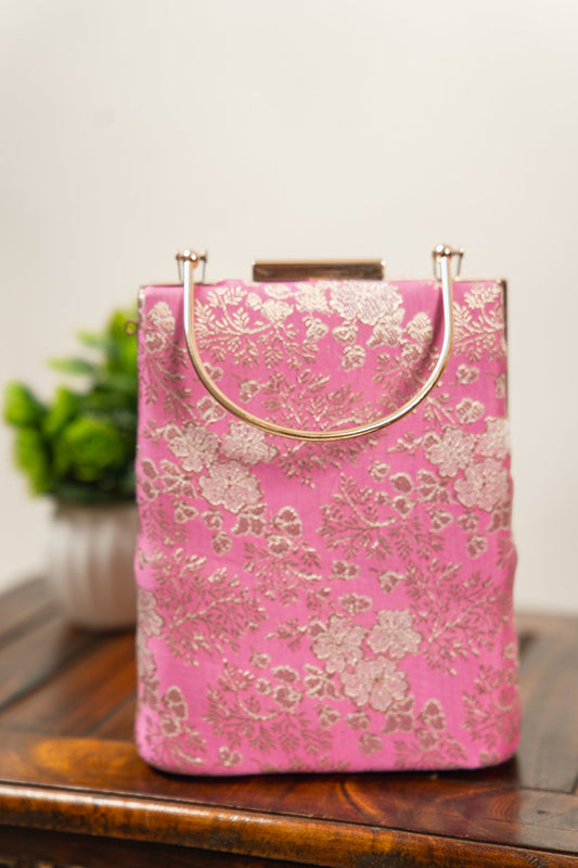 Fuchsia Pink Floral Banarasi Brocade Clutch Bag - view 1
