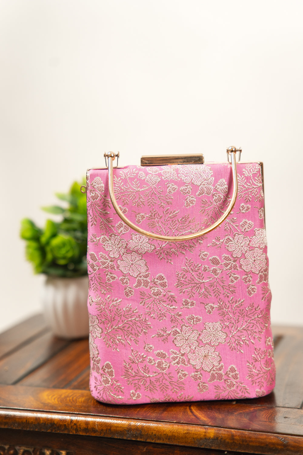 Fuchsia Pink Floral Banarasi Brocade Clutch Bag - view 2