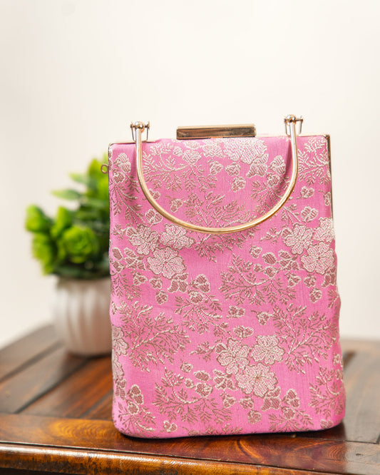 Fuchsia Pink Floral Banarasi Brocade Clutch Bag - view 2