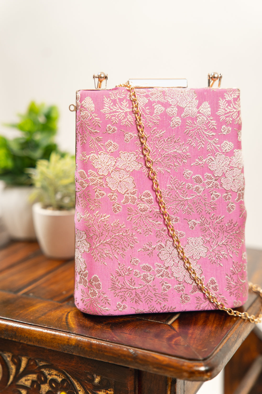 Fuchsia Pink Floral Banarasi Brocade Clutch Bag - view 3
