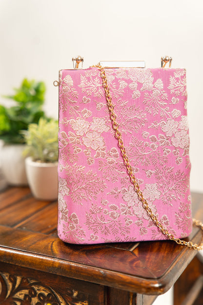 Fuchsia Pink Floral Banarasi Brocade Clutch Bag - view 3