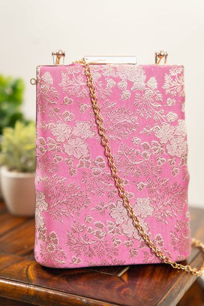 Fuchsia Pink Floral Banarasi Brocade Clutch Bag - view 4