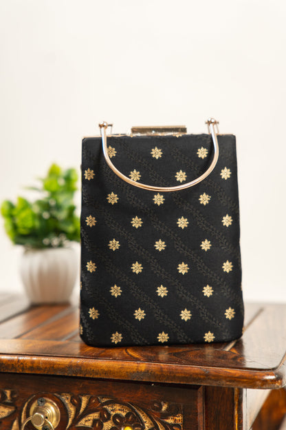 Jet Black Woven Banarasi Brocade Clutch Bag - view 2