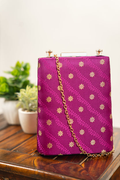 Royal Purple Floral Banarasi Brocade Clutch Bag - view 1