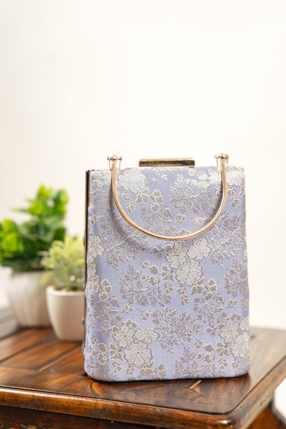 Slate Grey Floral Jacquard Banarasi Clutch Bag - view 1