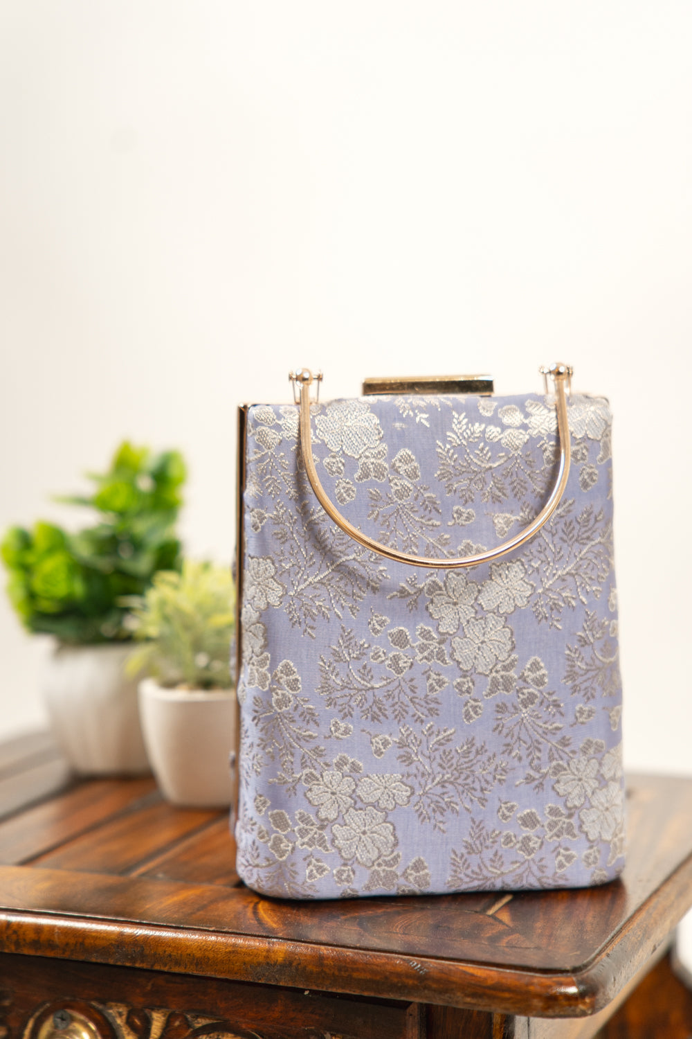 Slate Grey Floral Jacquard Banarasi Clutch Bag - view 2