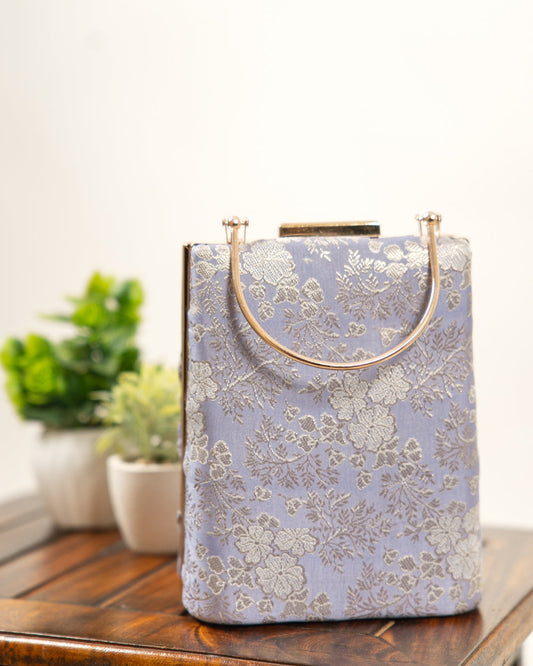 Slate Grey Floral Jacquard Banarasi Clutch Bag - view 2