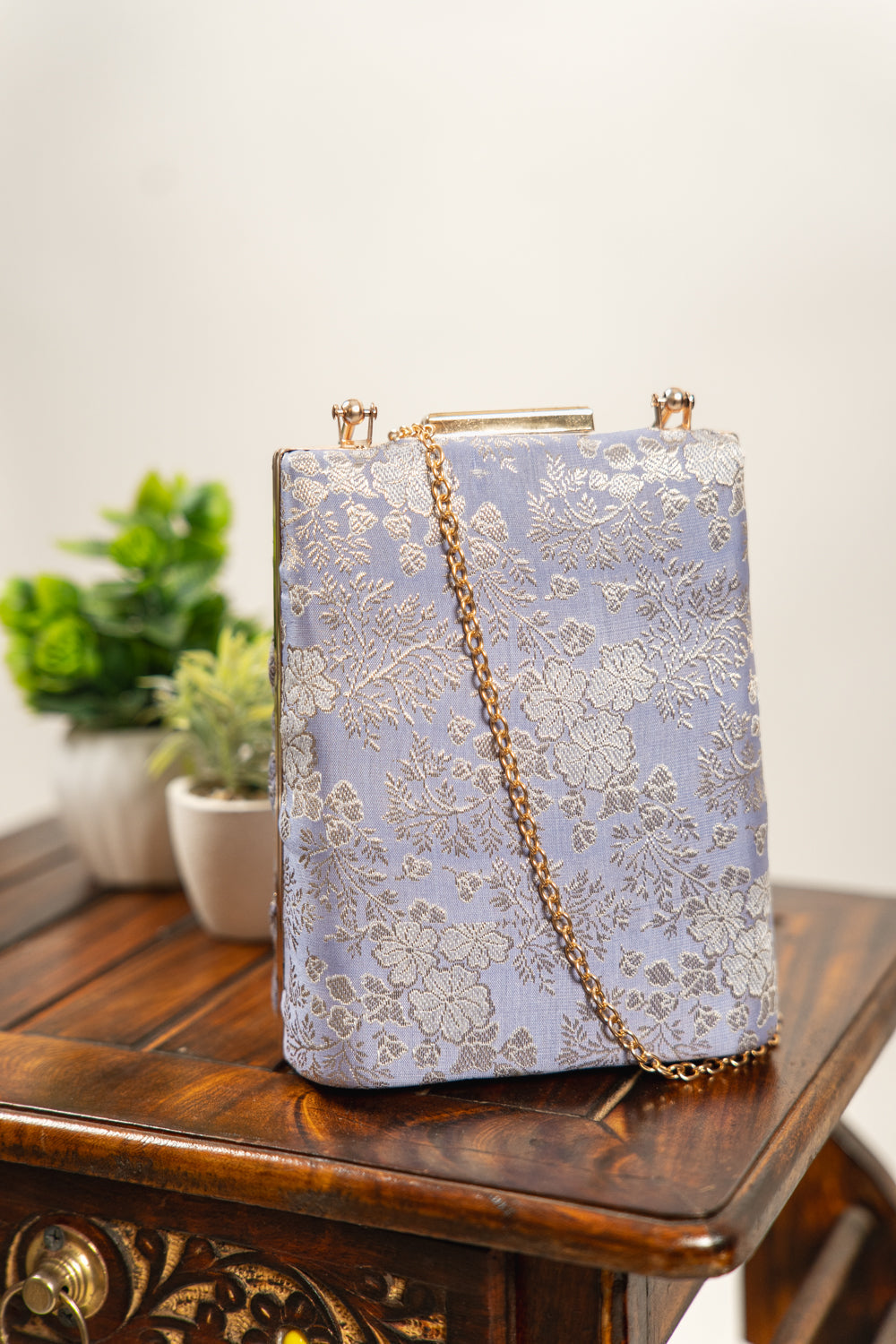 Slate Grey Floral Jacquard Banarasi Clutch Bag - view 4