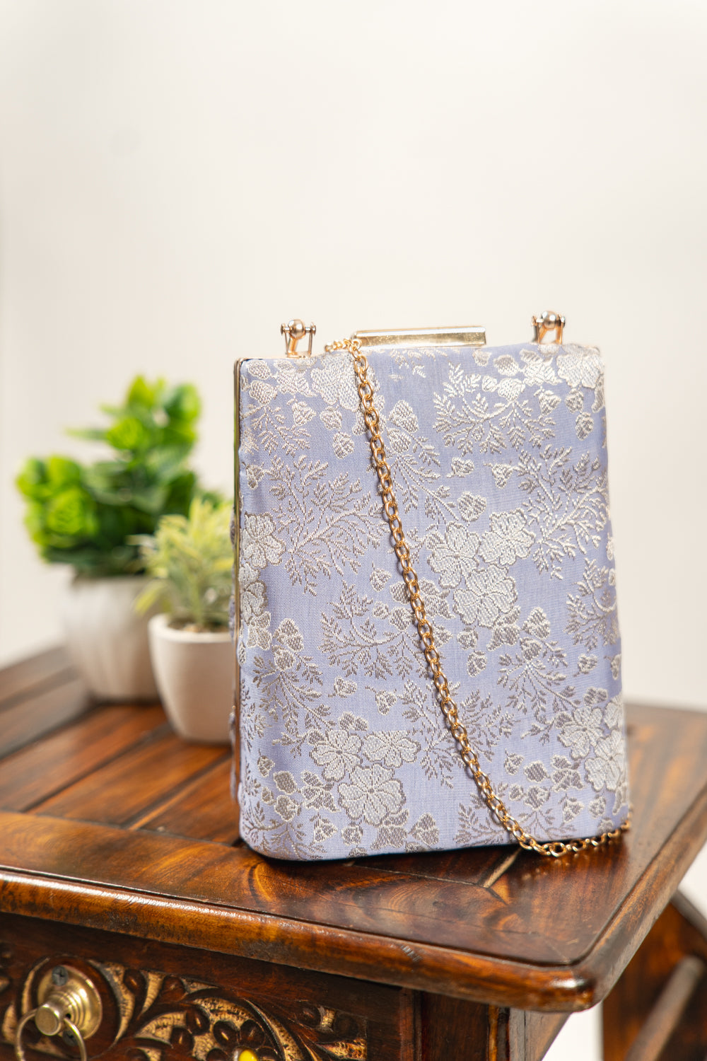 Slate Grey Floral Jacquard Banarasi Clutch Bag - view 5