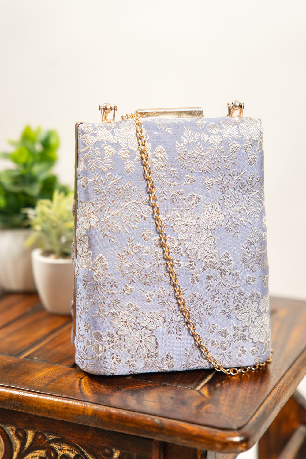 Slate Grey Floral Jacquard Banarasi Clutch Bag - view 6