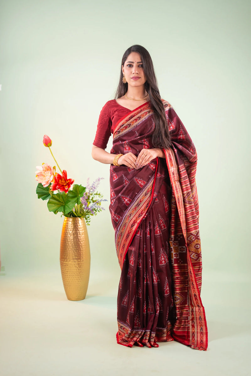 Plum Red Triangle Ikat Khandua Silk Saree