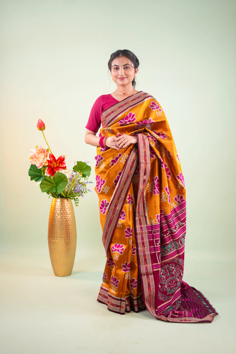 Mustard Maroon Lotus Ikat Khandua Silk Saree