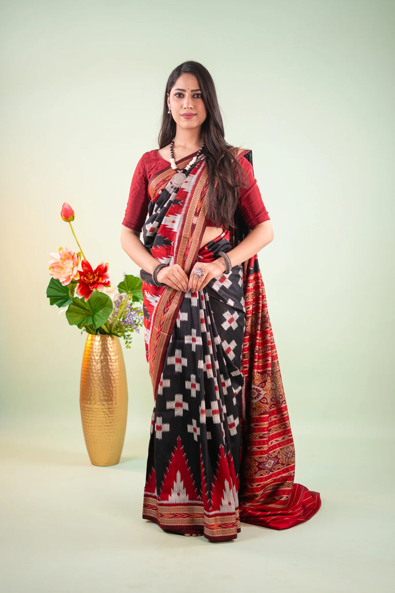 Charcoal Red Cross Ikat Khandua Silk Saree