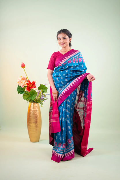 Teal Blue Pasapalli Check Khandua Silk Saree