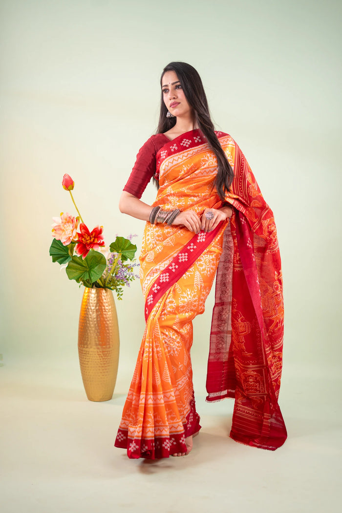 Orange Maroon Floral Chakra Khandua Silk Saree