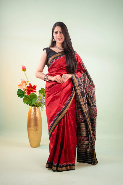Crimson Black Temple Border Khandua Silk Saree