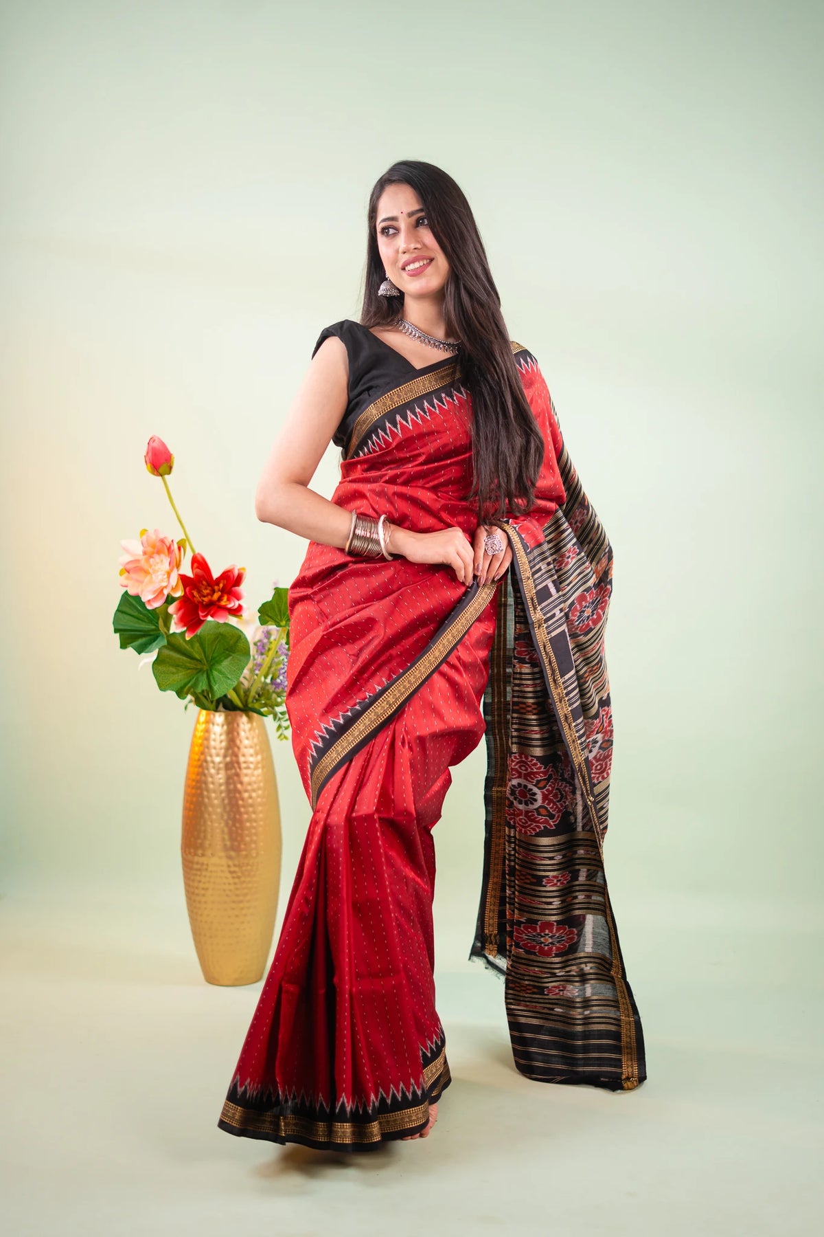 Crimson Black Temple Border Khandua Silk Saree