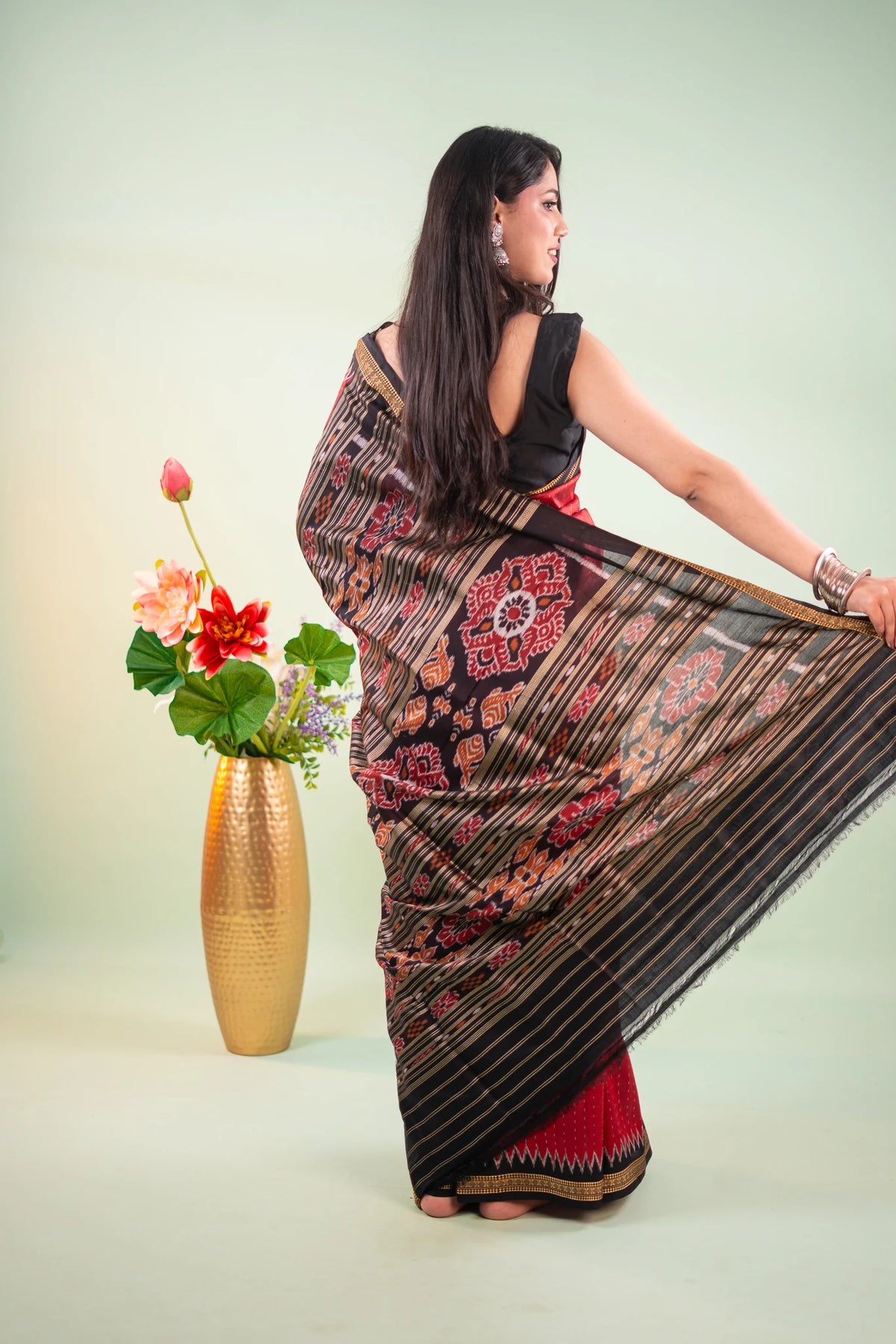 Crimson Black Temple Border Khandua Silk Saree