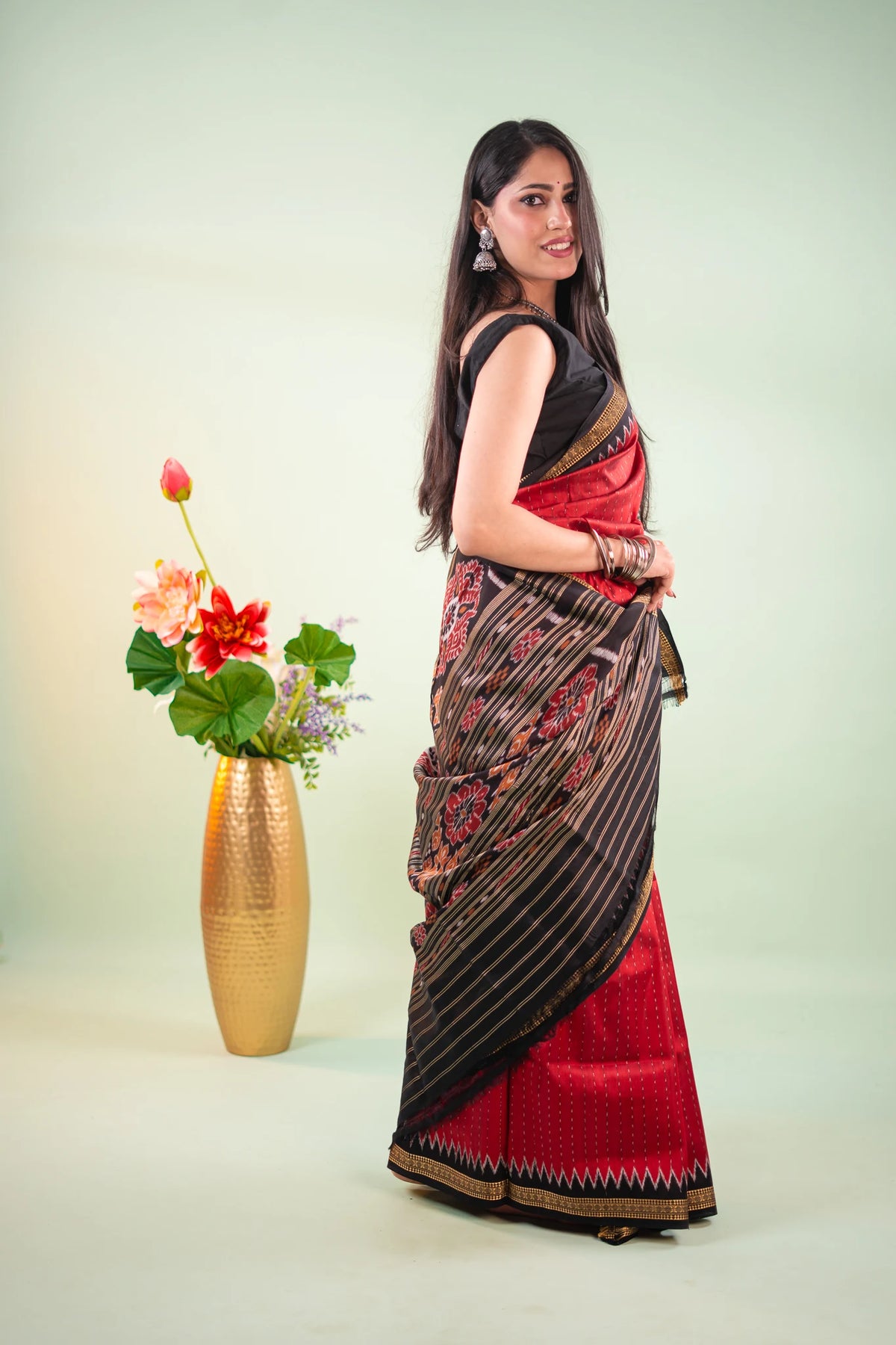 Crimson Black Temple Border Khandua Silk Saree