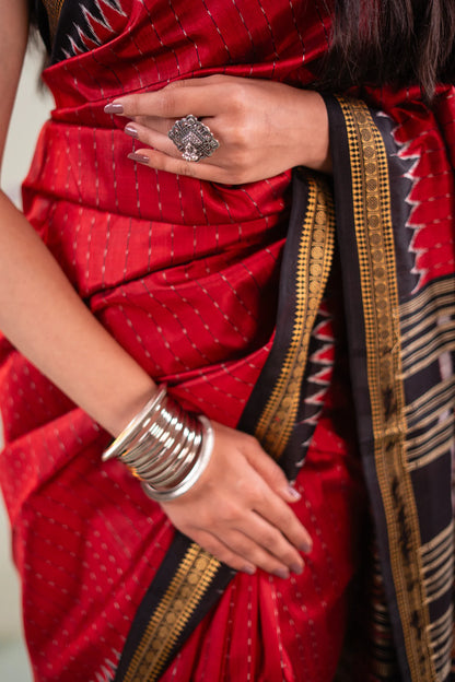 Crimson Black Temple Border Khandua Silk Saree