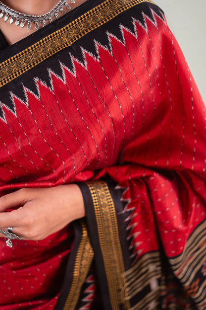 Crimson Black Temple Border Khandua Silk Saree