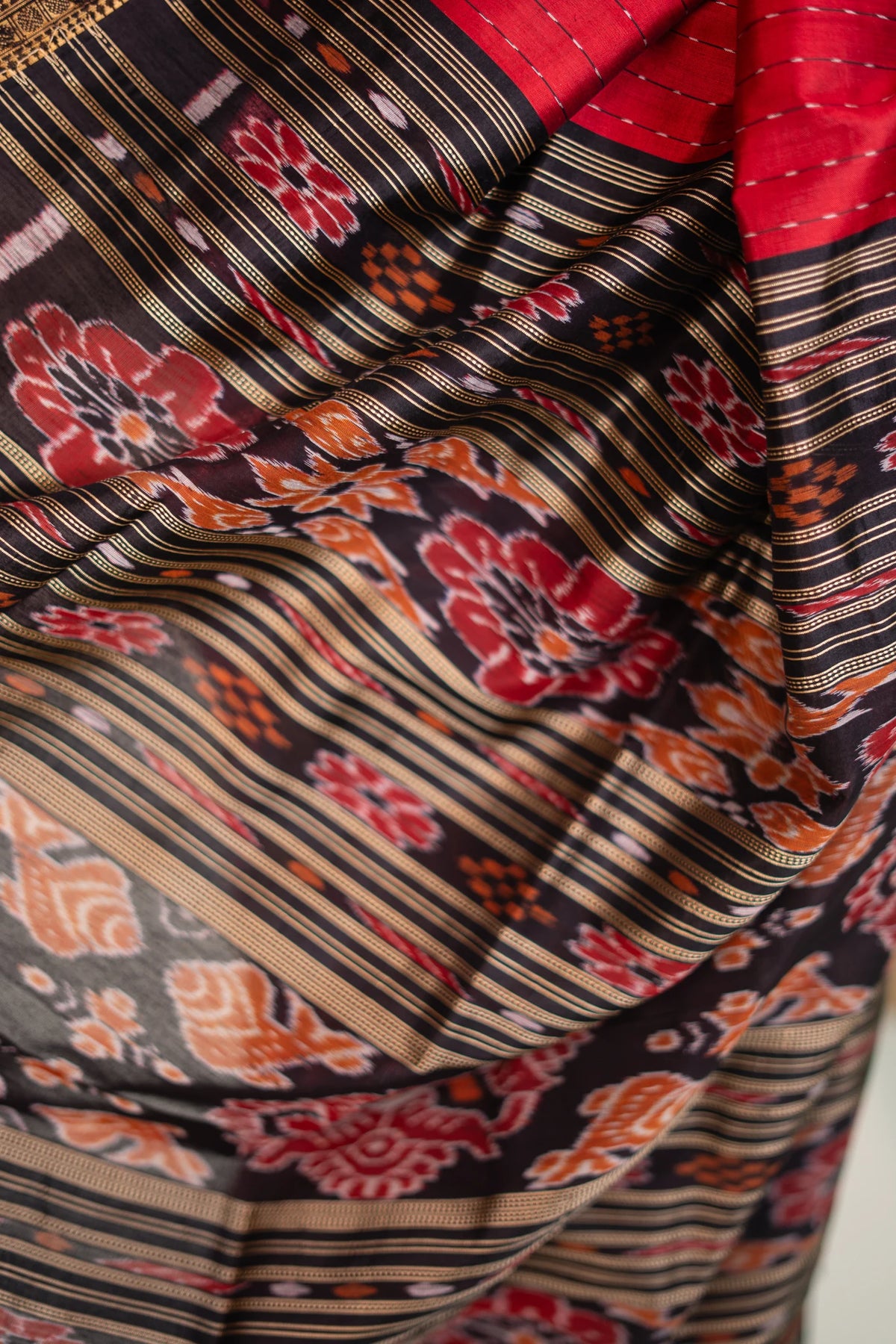 Crimson Black Temple Border Khandua Silk Saree