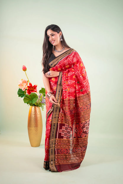 Crimson Red & Black Floral Motif Khandua Silk Saree | Atulya Karigari