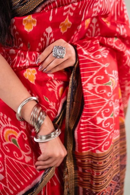 Crimson Red & Black Floral Motif Khandua Silk Saree | Atulya Karigari