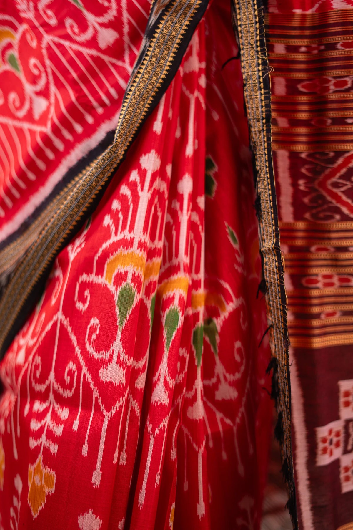 Crimson Red & Black Floral Motif Khandua Silk Saree | Atulya Karigari