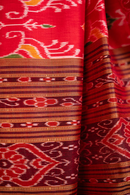 Crimson Red & Black Floral Motif Khandua Silk Saree | Atulya Karigari
