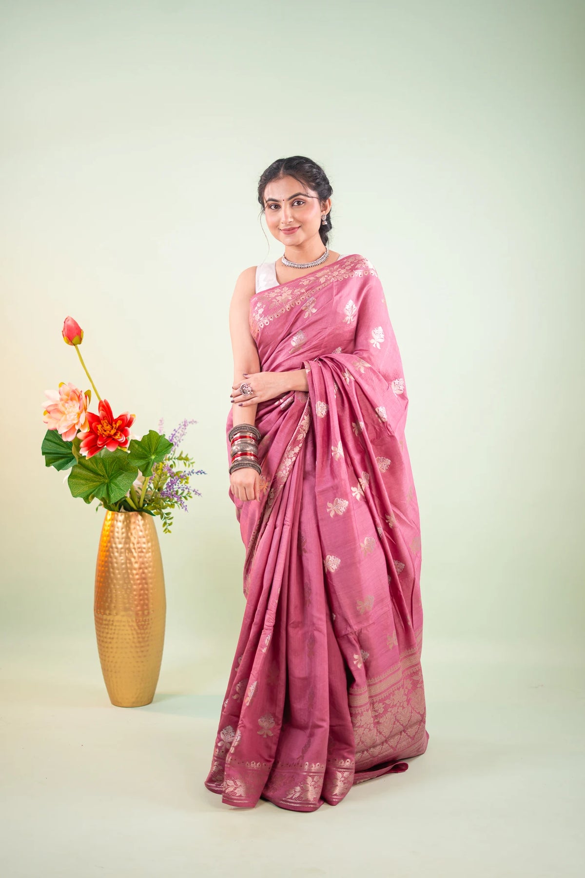 Plum Wine Banarasi Silk Saree - Floral Vine Border