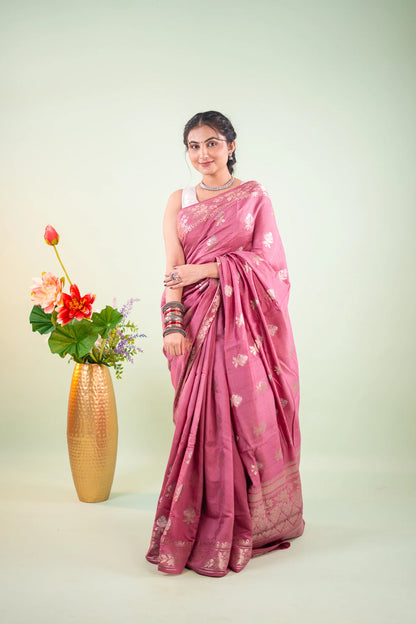 Plum Wine Banarasi Silk Saree - Floral Vine Border