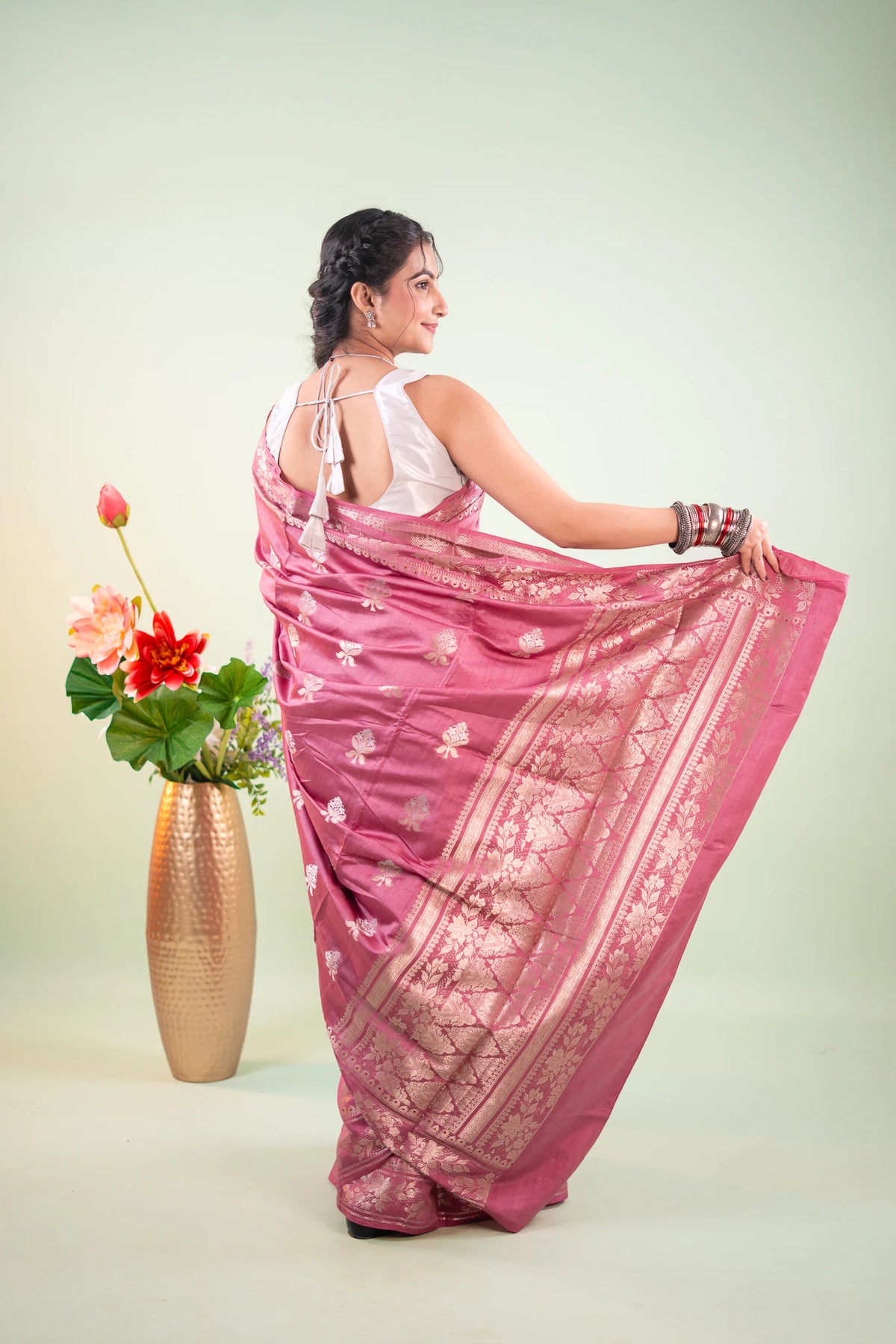 Plum Wine Banarasi Silk Saree - Floral Vine Border